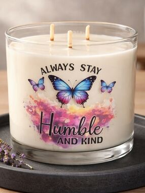 Humble and Kind Scented 3-Wick Glass Candle - White with Butterfly Design